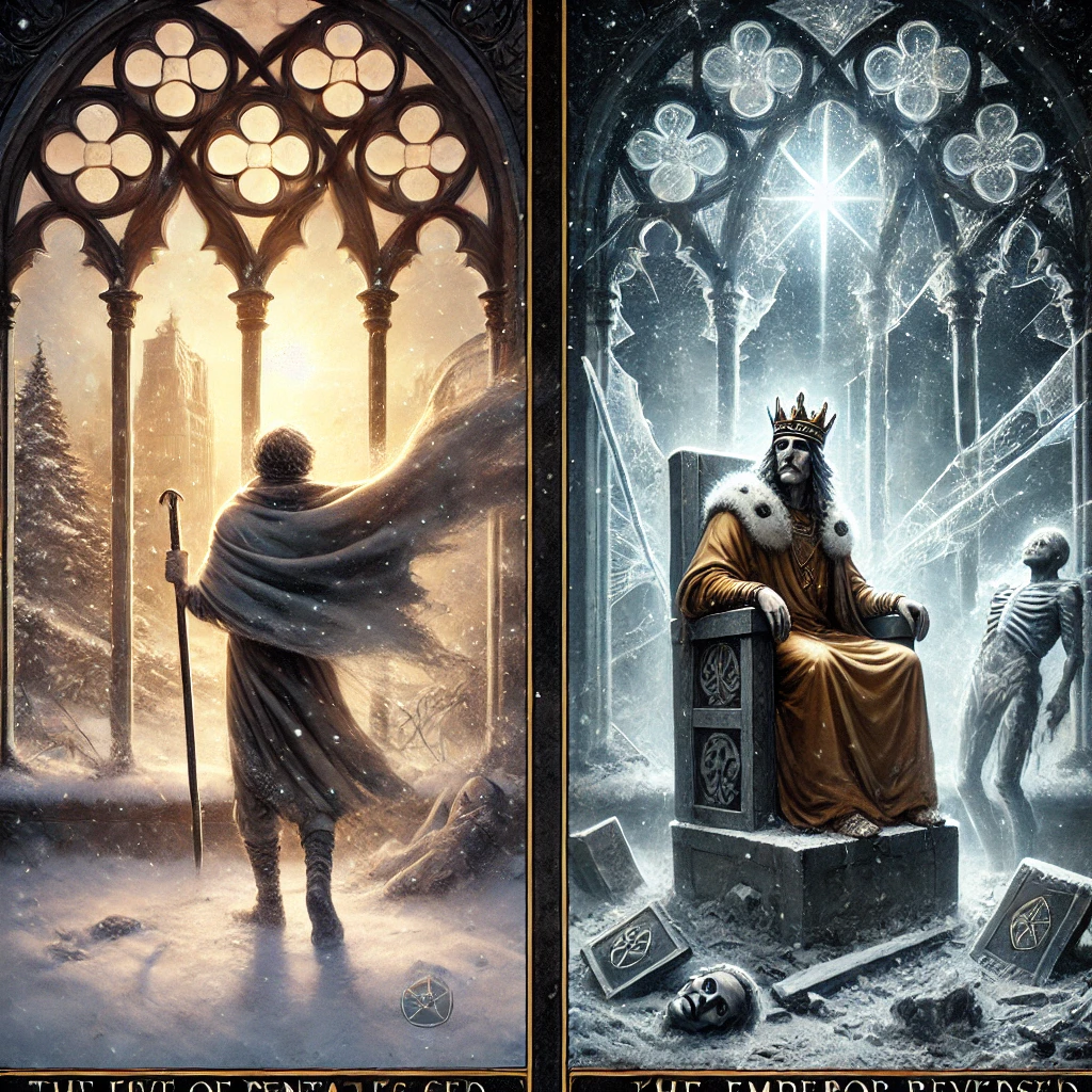 Five of Pentacles Reversed and The Emperor Reversed