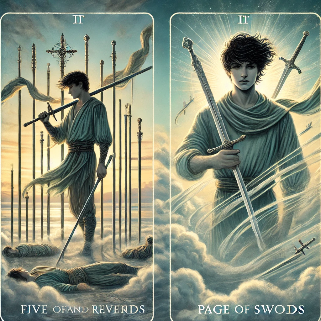 Five of Wands Reversed and Page of Swords