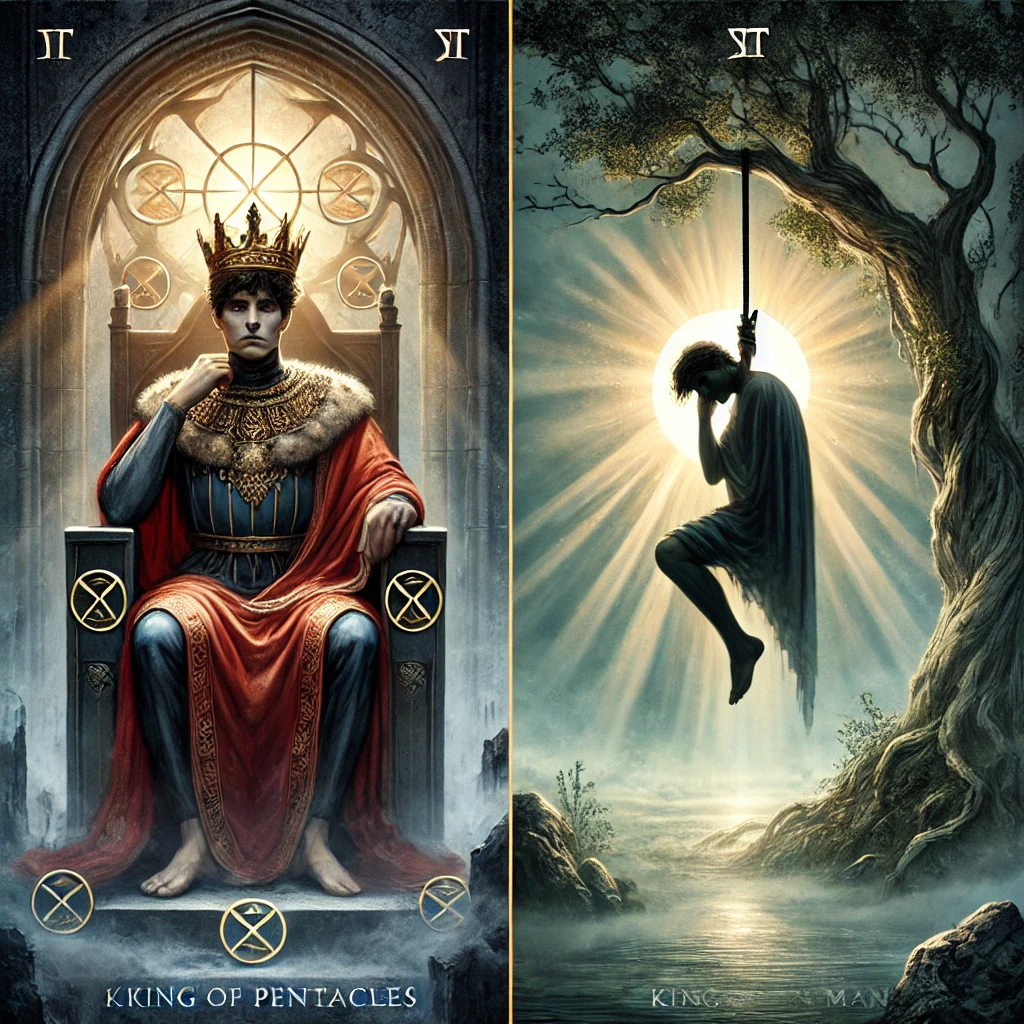 King of Pentacles Reversed and The Hanged Man