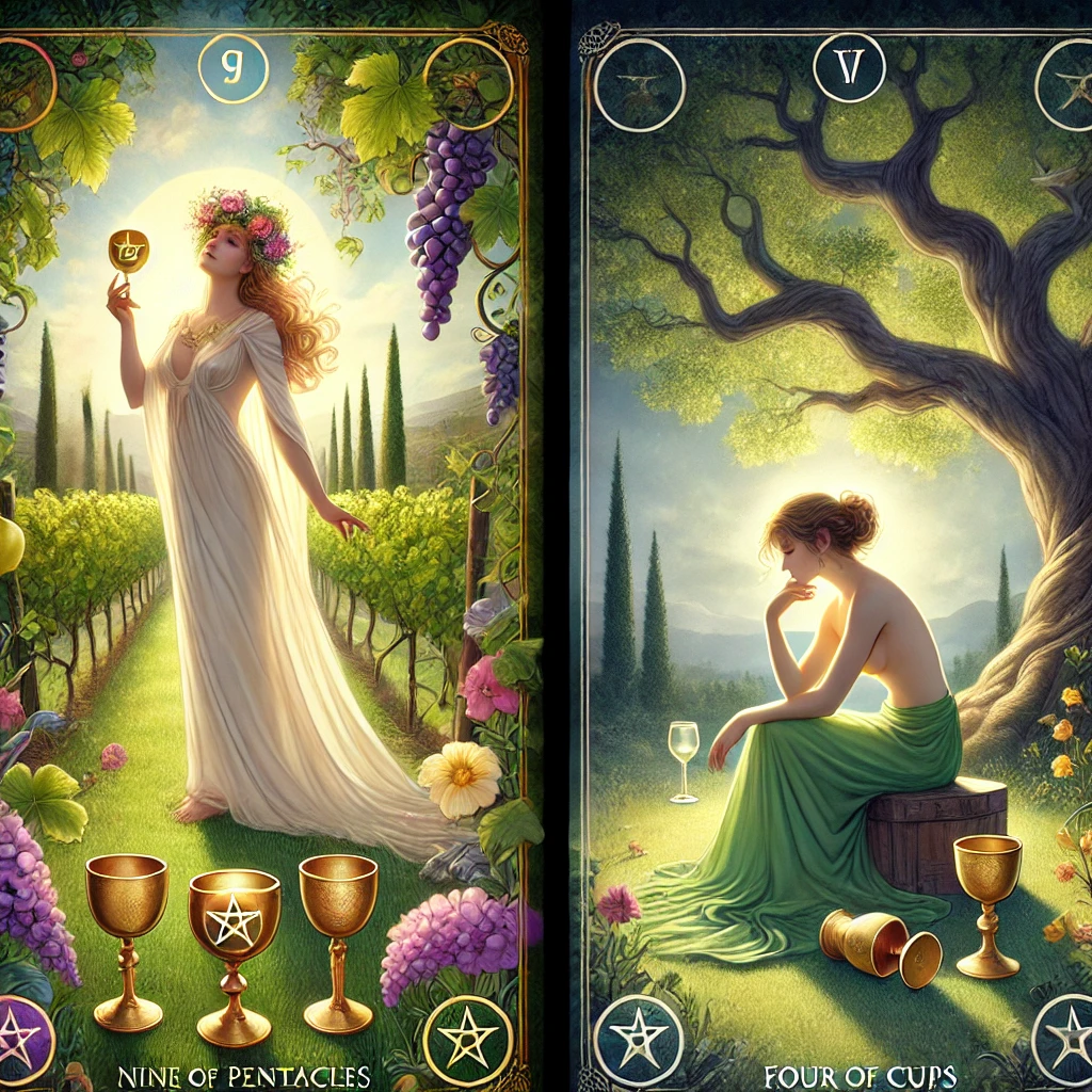 Nine of Pentacles and Four of Cups