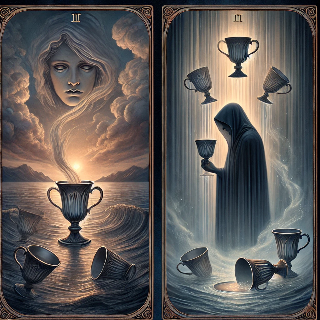Page of Cups Reversed and Five of Cups