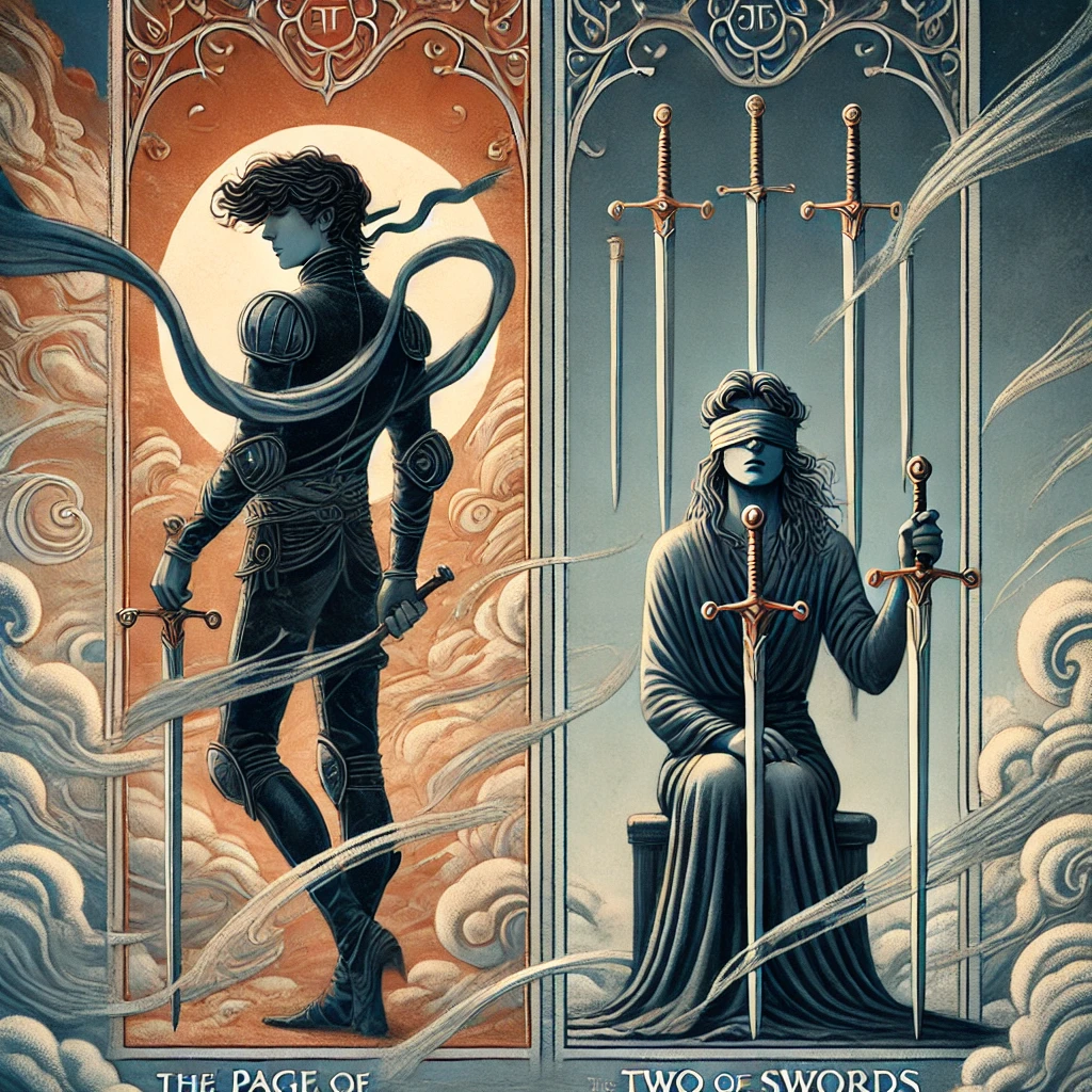 Page of Swords Reversed and Two of Swords