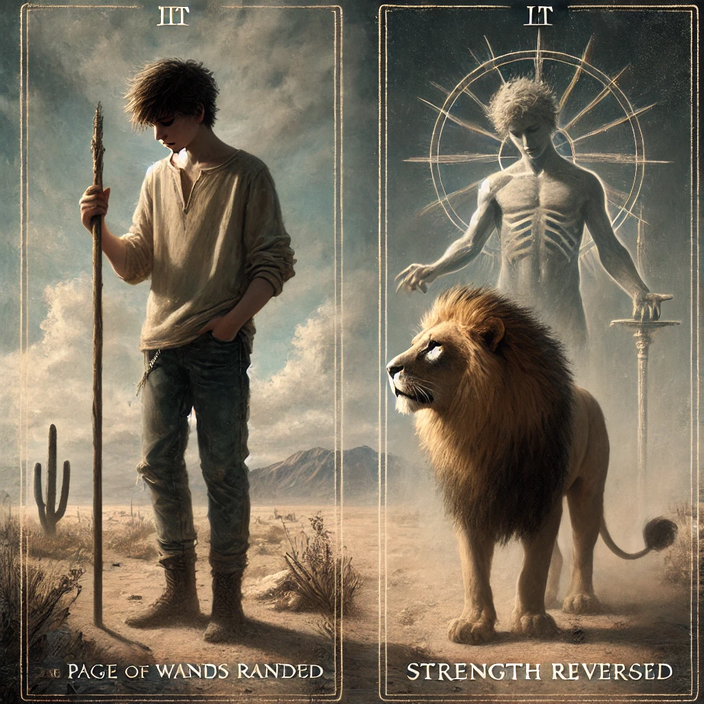 Page of Wands Reversed and Strength Reversed