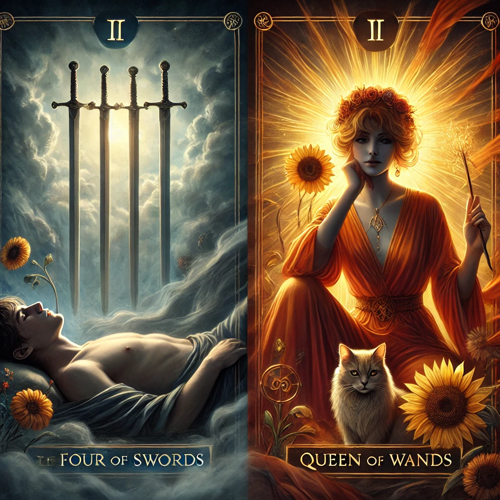 Queen of Wands and Four of Swords