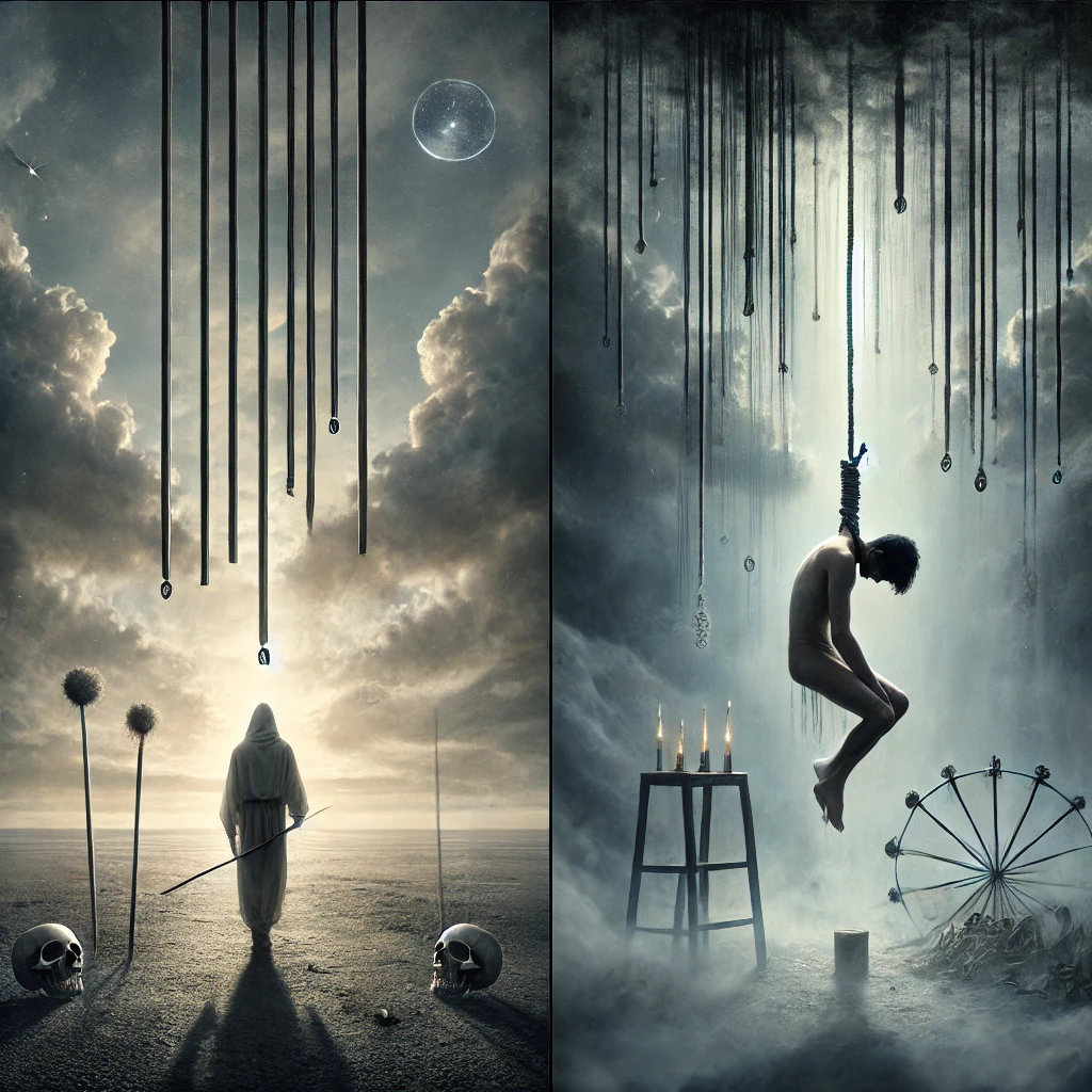Reversed Eight of Wands and Hanged Man