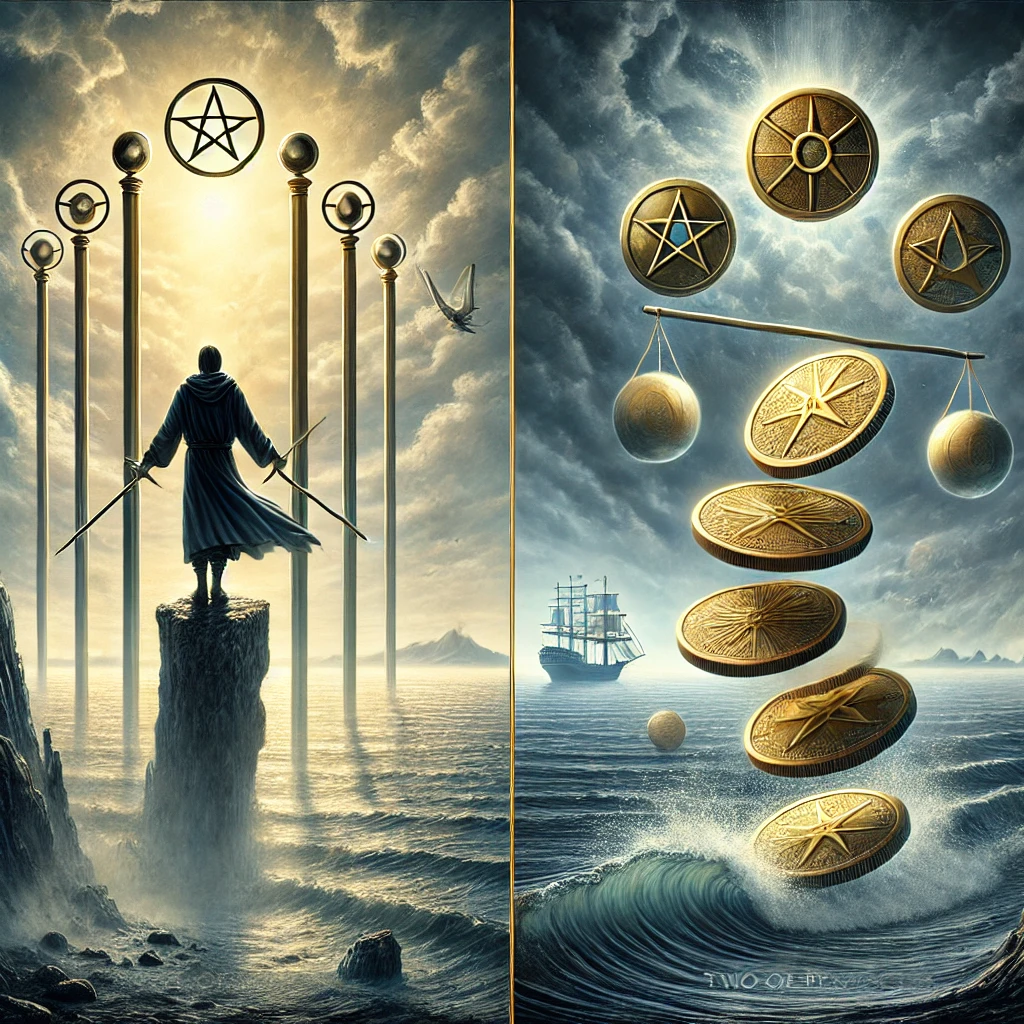 Reversed Two of Pentacles and Three of Wands