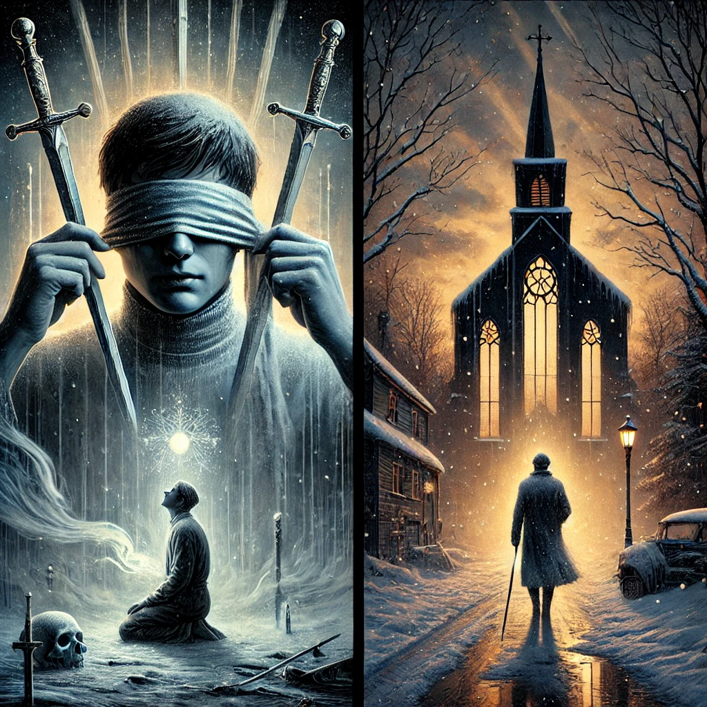 Reversed Two of Swords and Five of Pentacles 