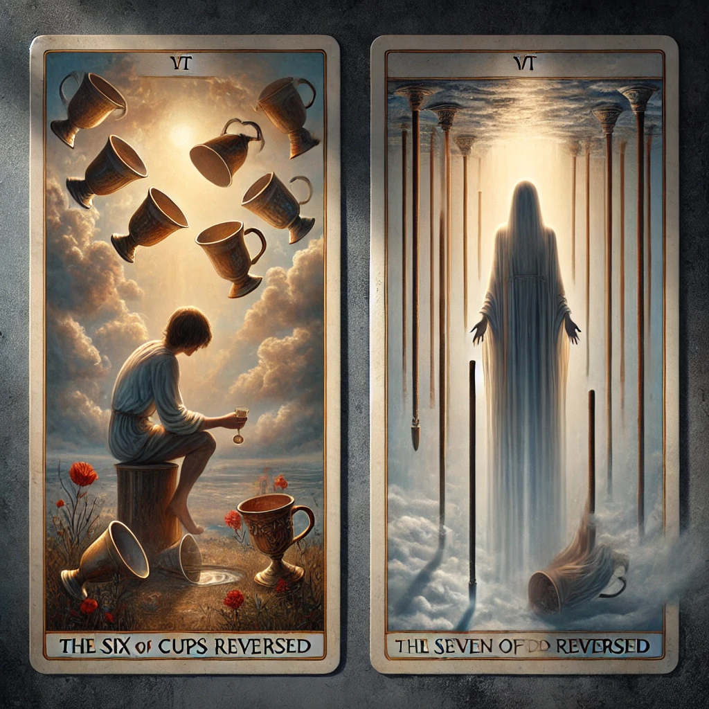 Six of Cups Reversed and Seven of Wands