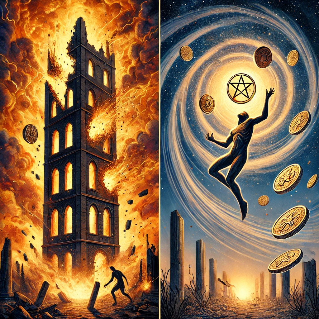 The Tower and Four of Pentacles Reversed