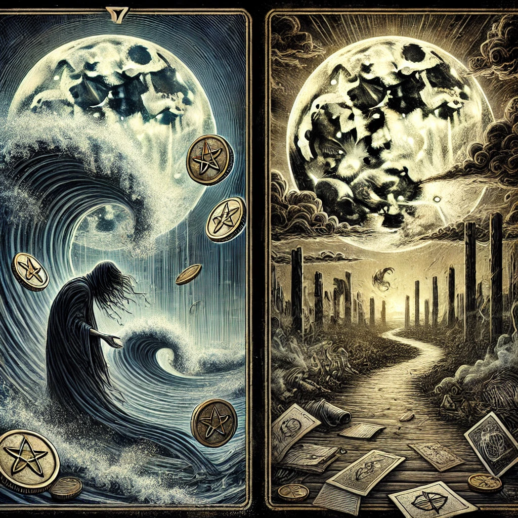 Two of Pentacles Reversed and The Moon Reversed 