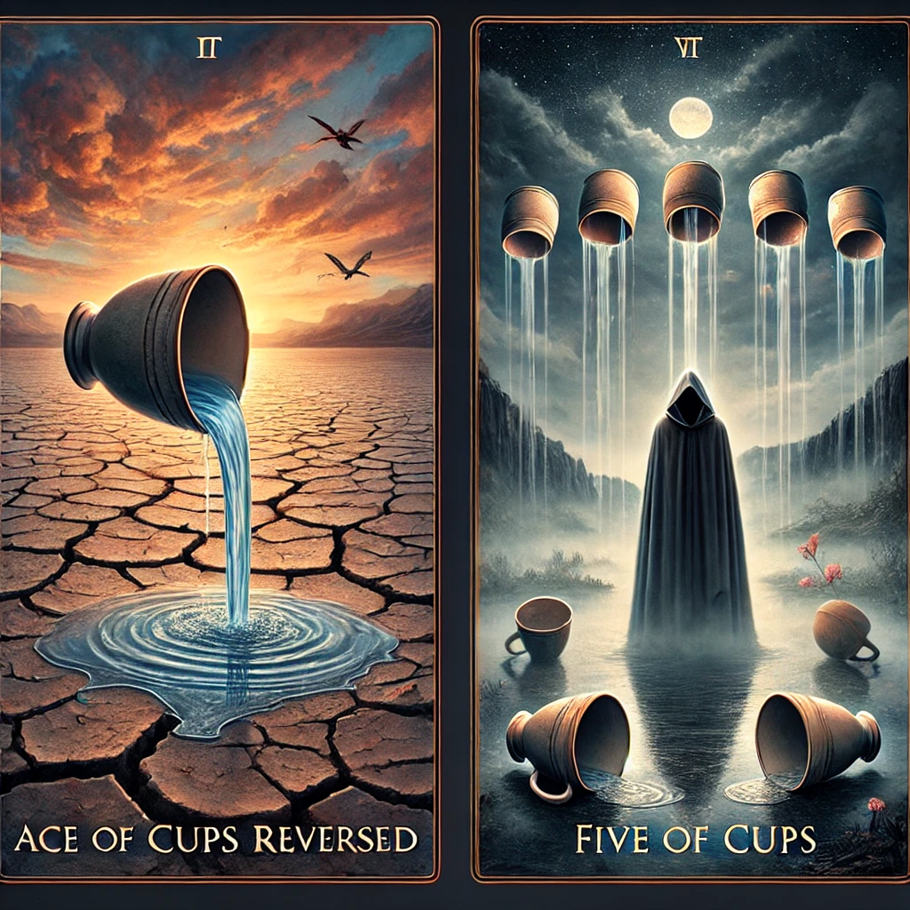 Ace of Cups Reversed and Five of Cups
