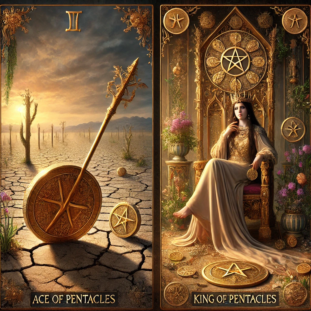 Ace of Pentacles Reversed and King of Pentacles