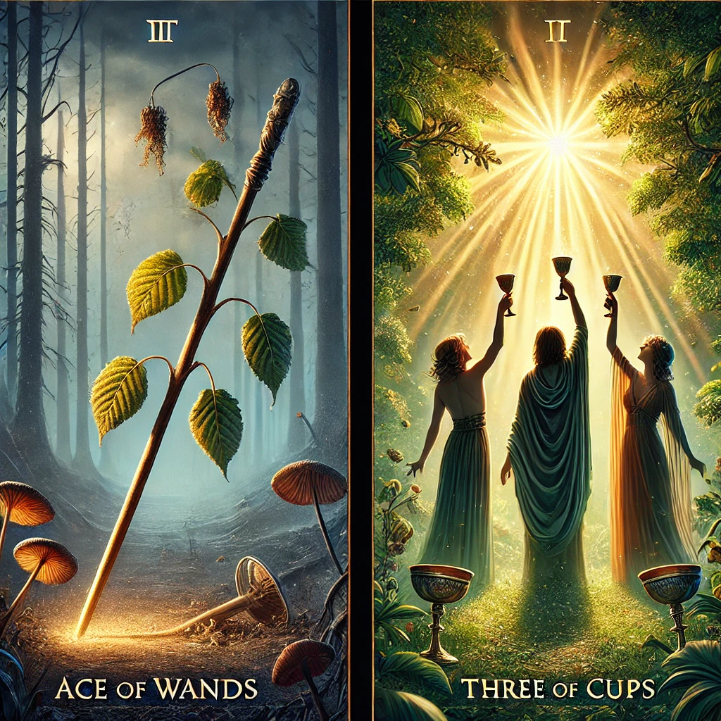 Ace of Wands Reversed and Three of Cups