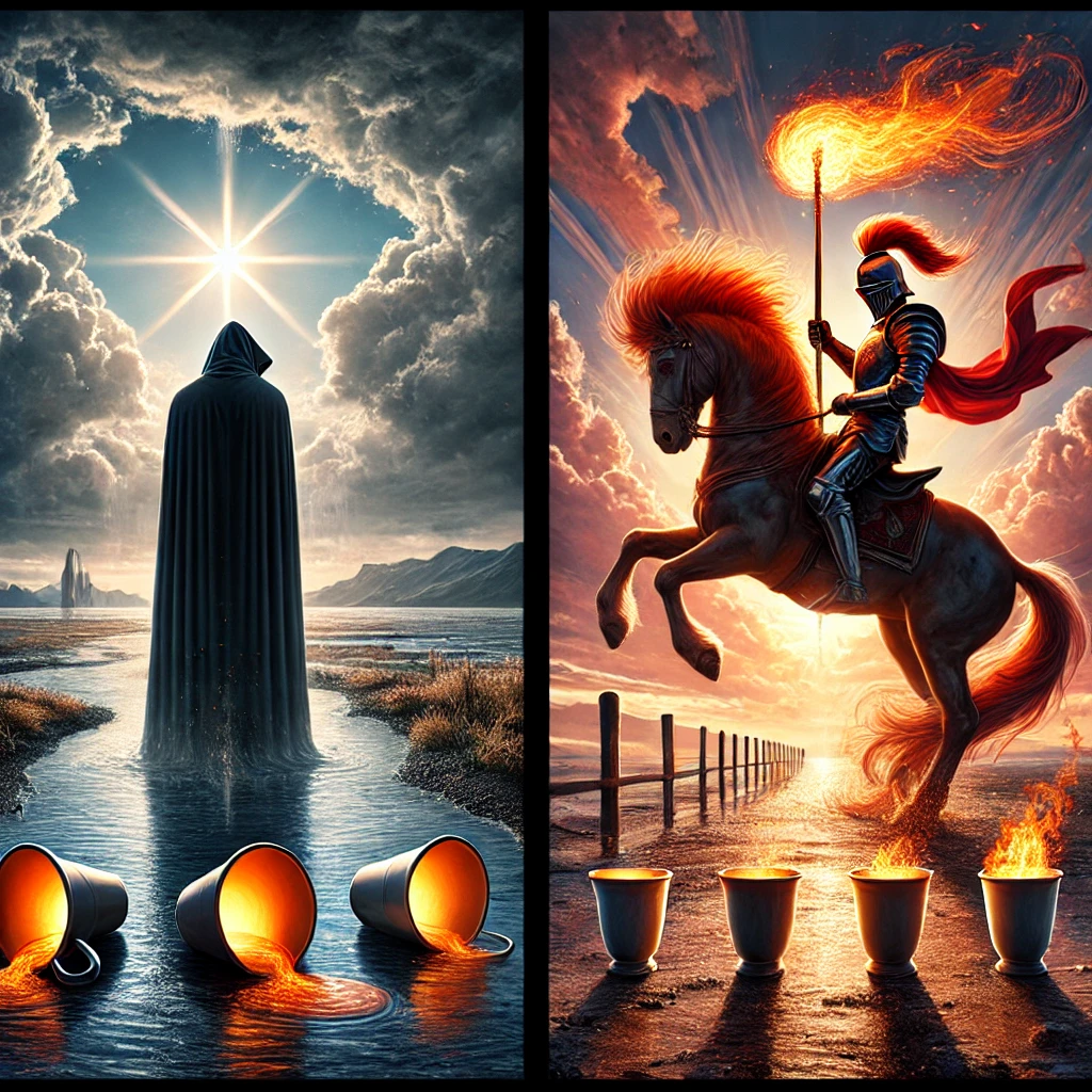 Five of Cups and Knight of Wands
