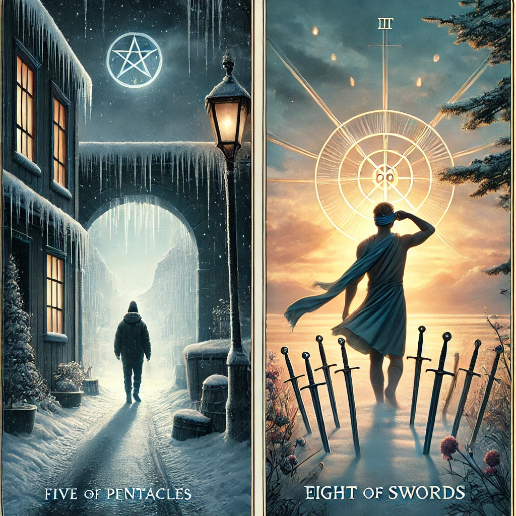 Five of Pentacles Reversed and Eight of Swords Reversed