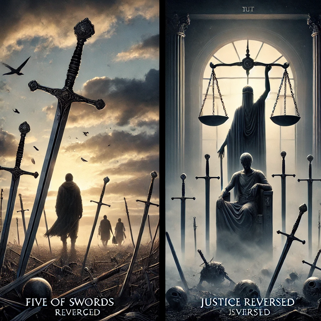 Five of Swords Reversed and Justice Reversed