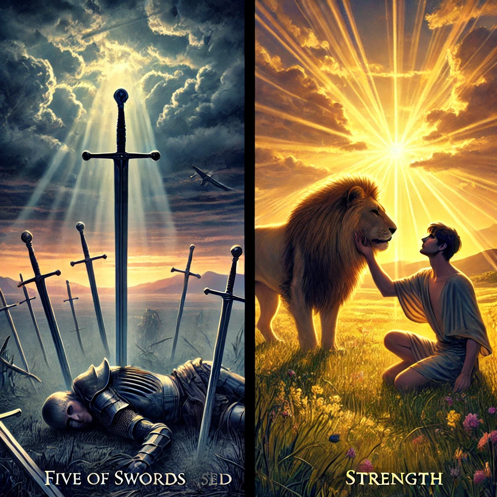 Five of Swords Reversed and Strength