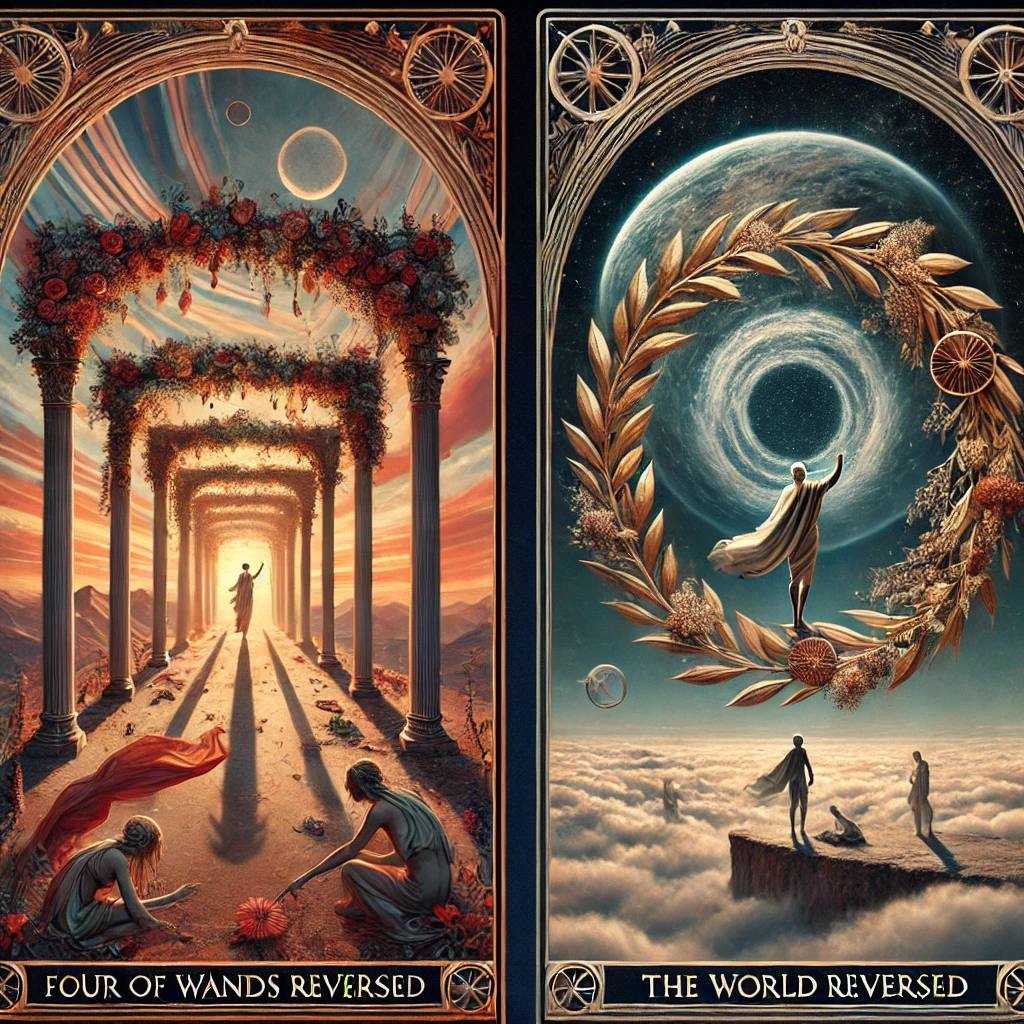 Four of Wands Reversed and The World Reversed