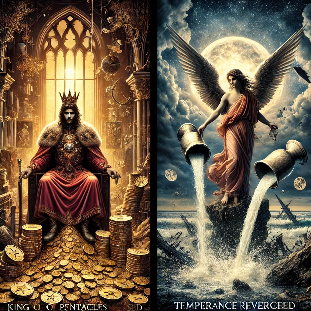 King of Pentacles Reversed and Temperance Reversed