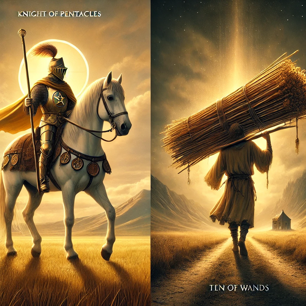 Knight of Pentacles and Ten of Wands