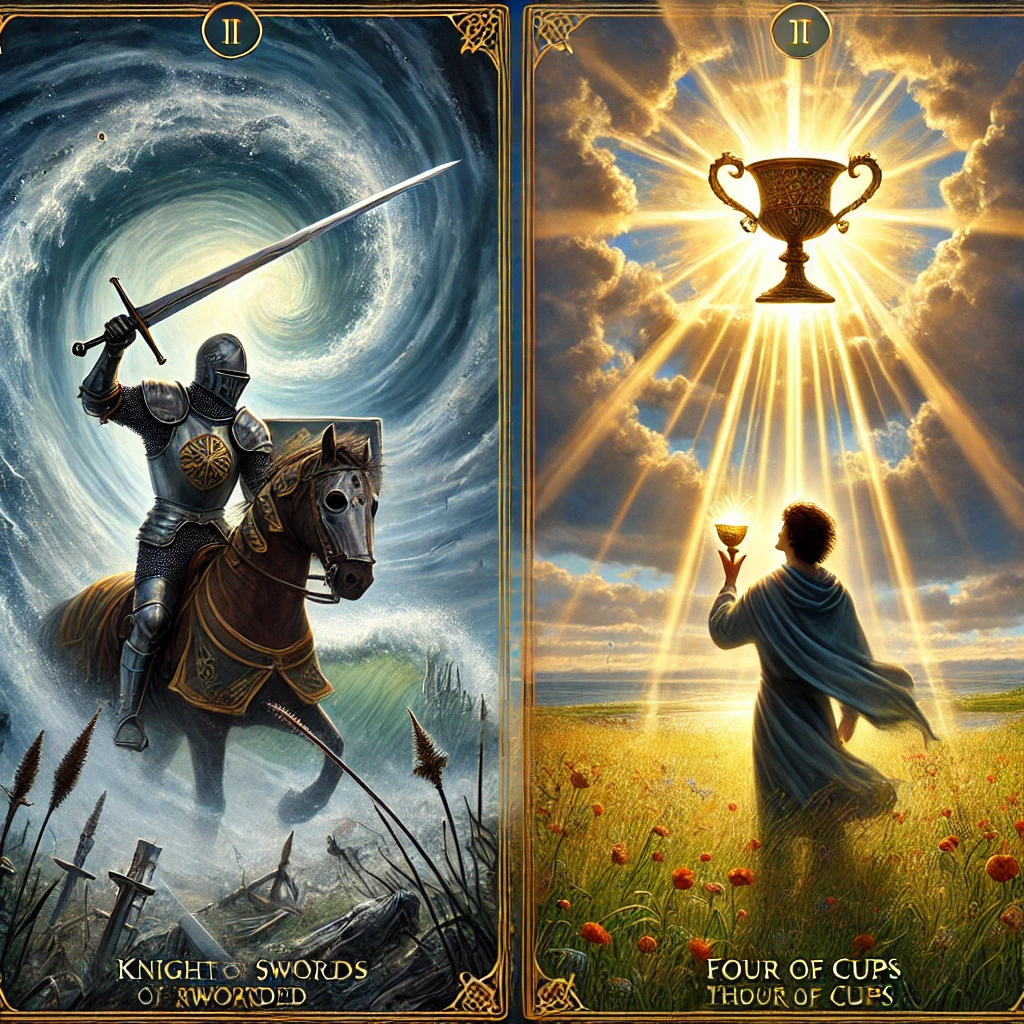 Knight of Swords Reversed and Four of Cups Reversed