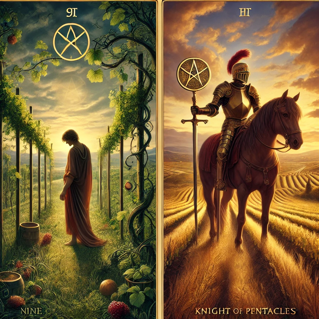 Nine of Pentacles Reversed and Knight of Pentacles