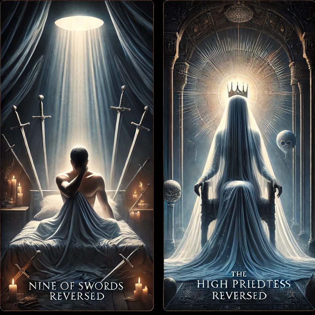 Nine of Swords Reversed and High Priestess Reversed