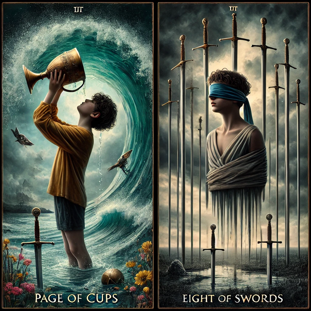 Page of Cups Reversed and Eight of Swords