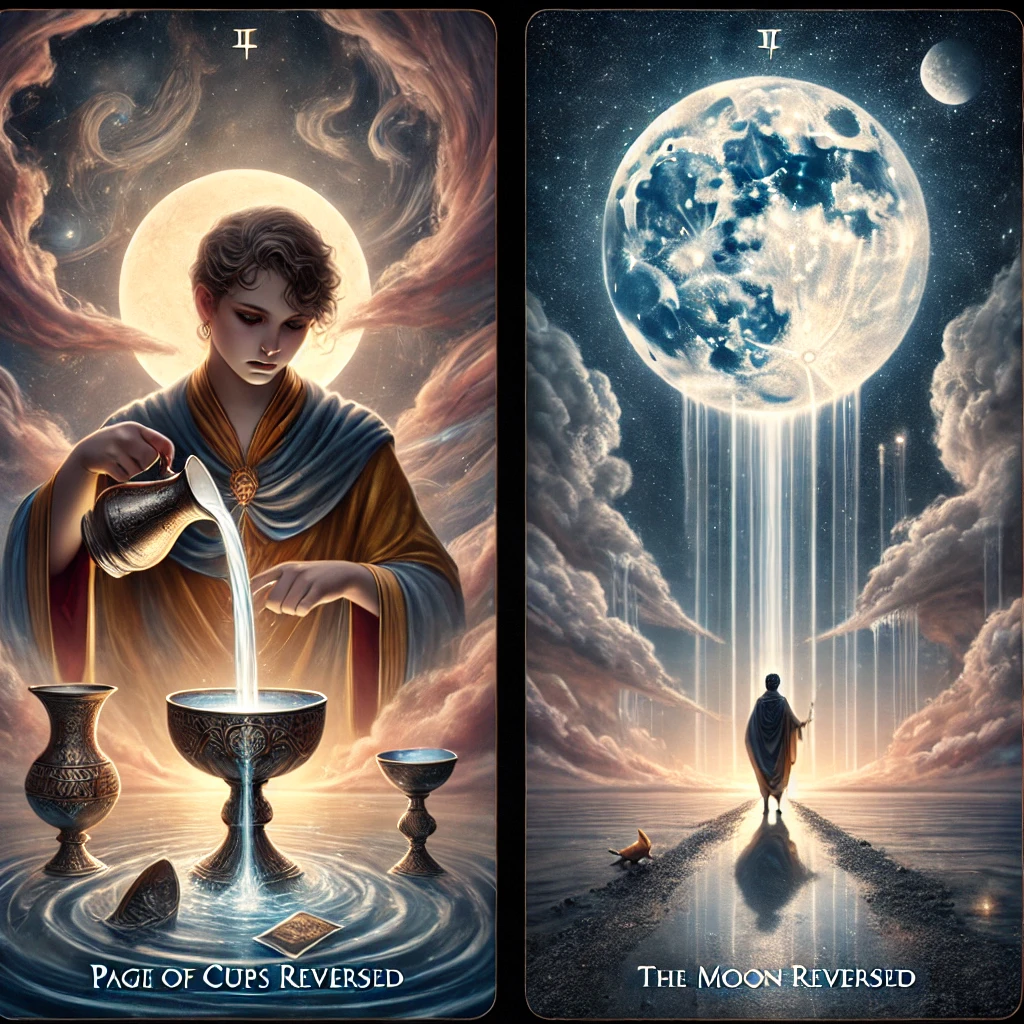 Page of Cups Reversed and The Moon Reversed