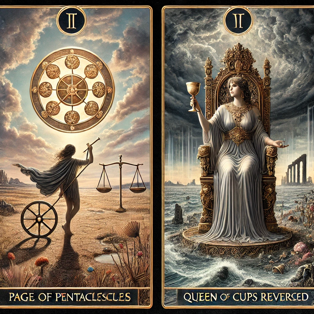 Page of Pentacles Reversed and Queen of Cups Reversed