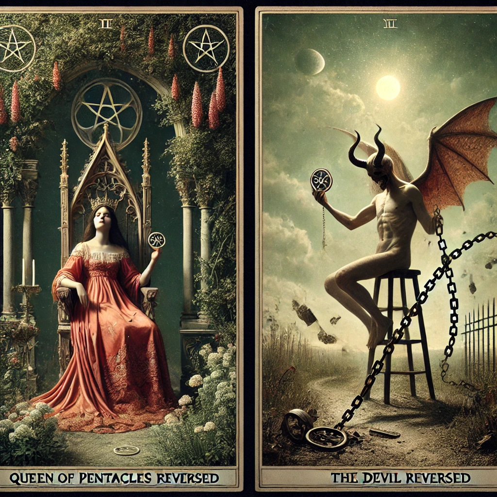 Queen of Pentacles Reversed and The Devil Reversed
