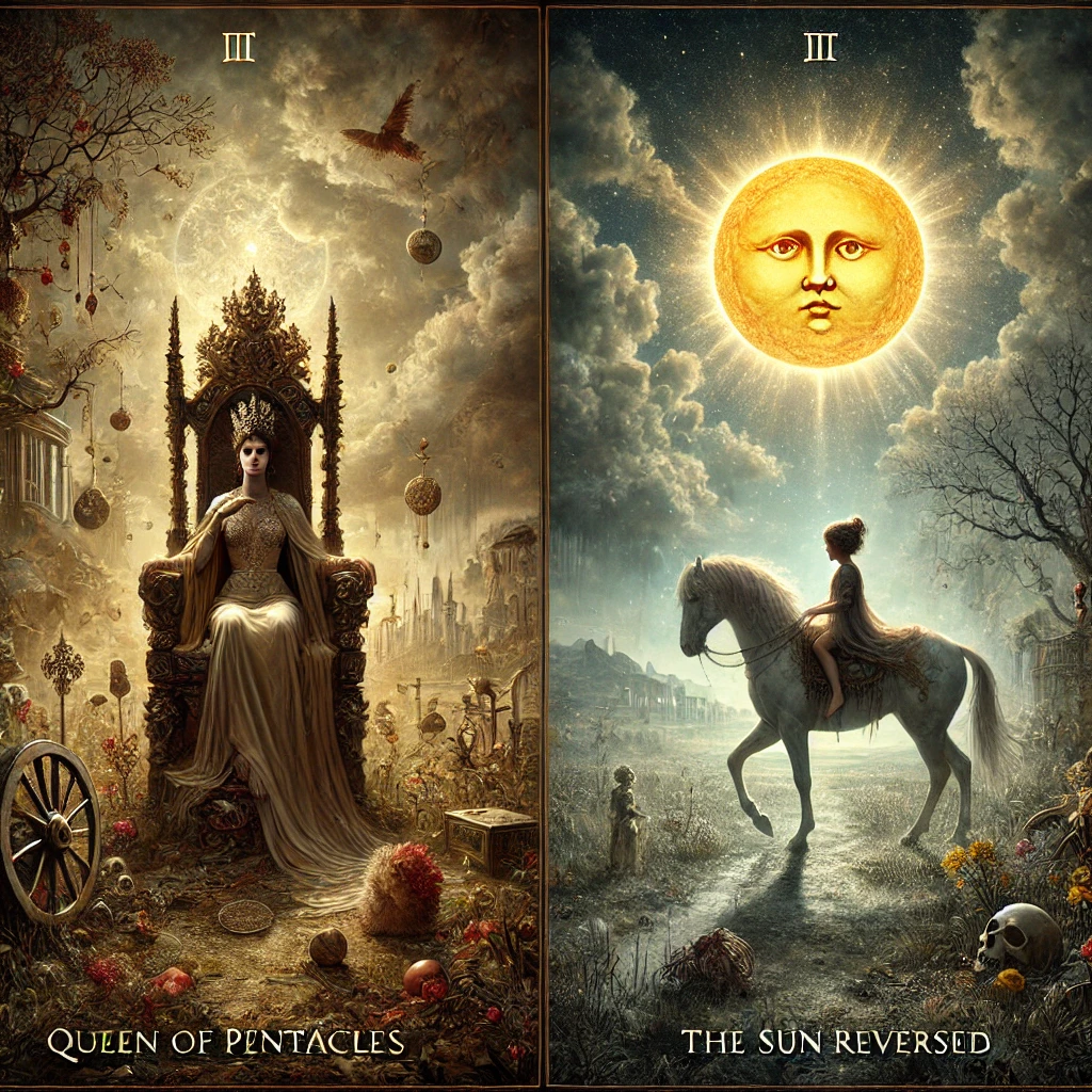 Queen of Pentacles Reversed and The Sun Reversed