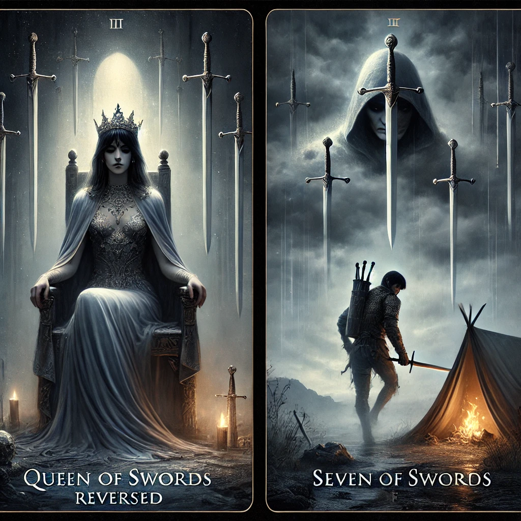Queen of Swords Reversed and Seven of Swords