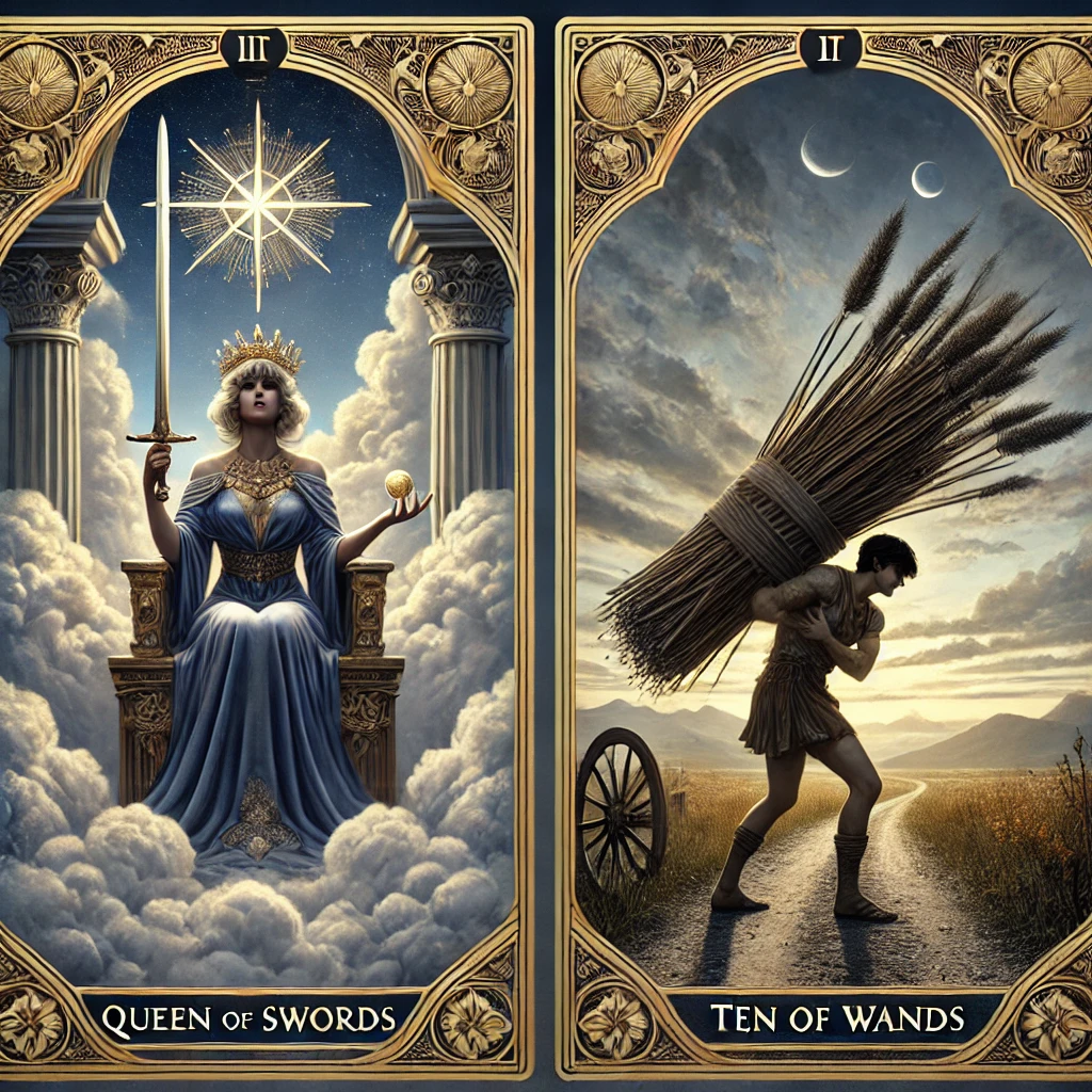 Queen of Swords and Ten of Wands