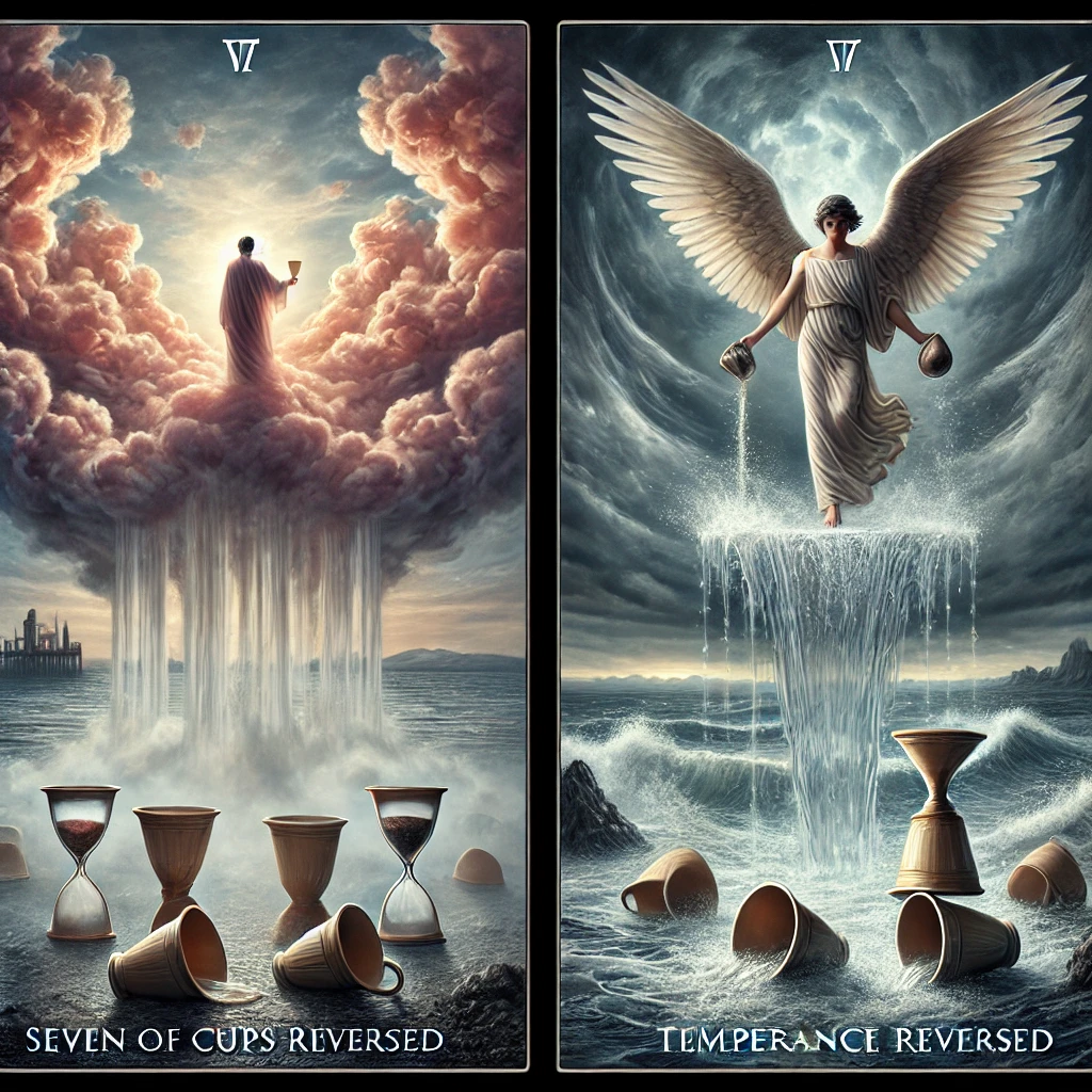 Seven of Cups Reversed and Temperance Reversed