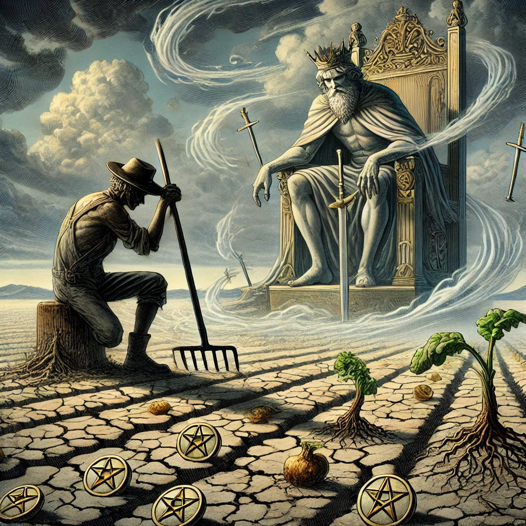Seven of Pentacles Reversed and King of Swords Reversed