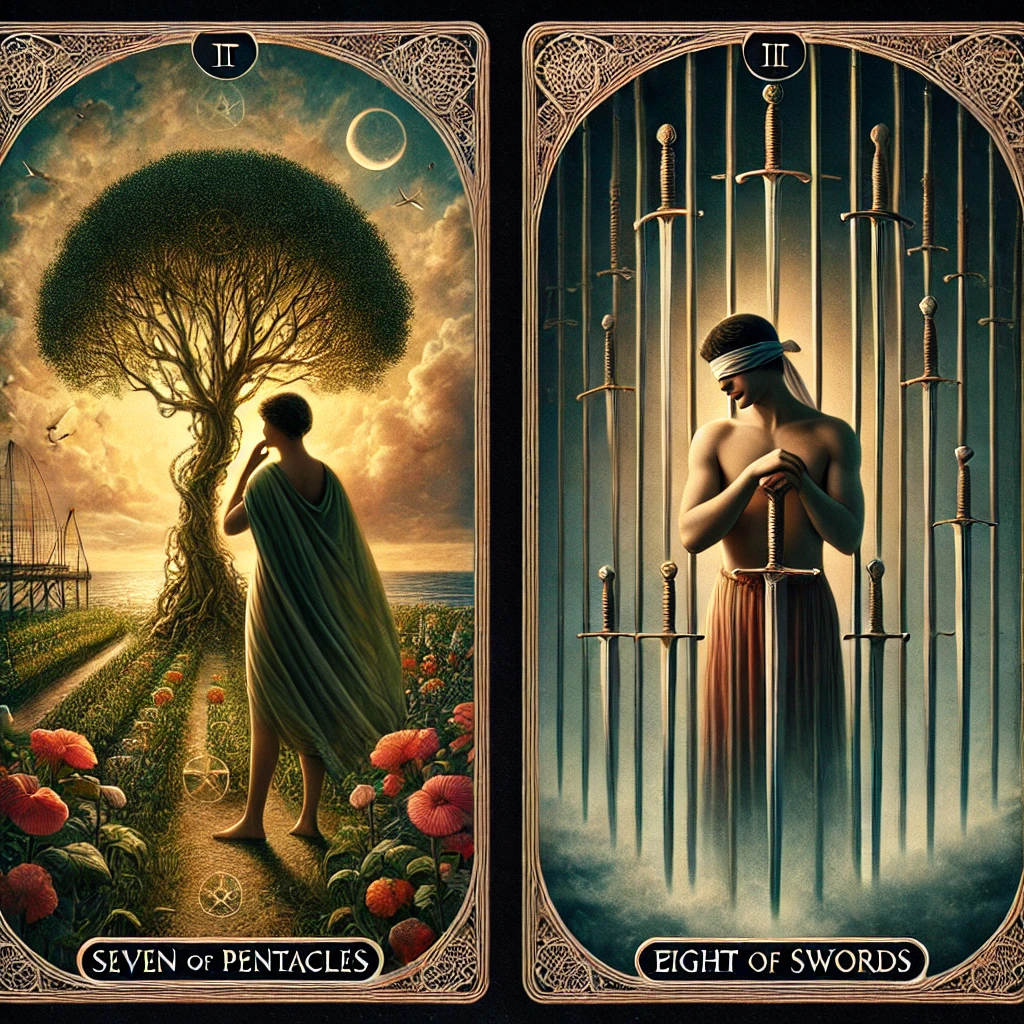 Seven of Pentacles and Eight of Swords