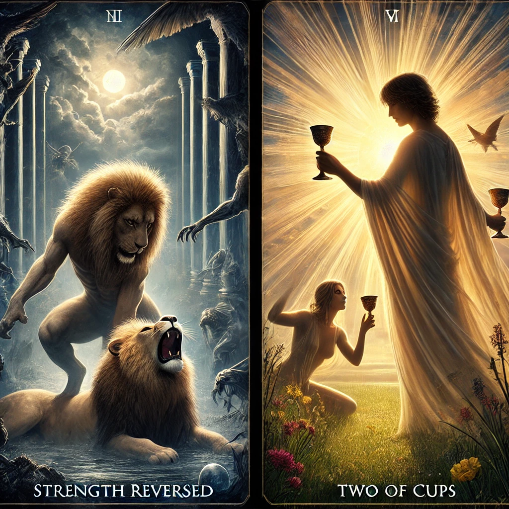 Strength Reversed and Two of Cups