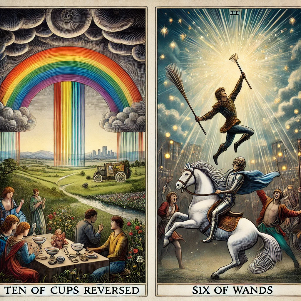 Ten of Cups Reversed and Six of Wands