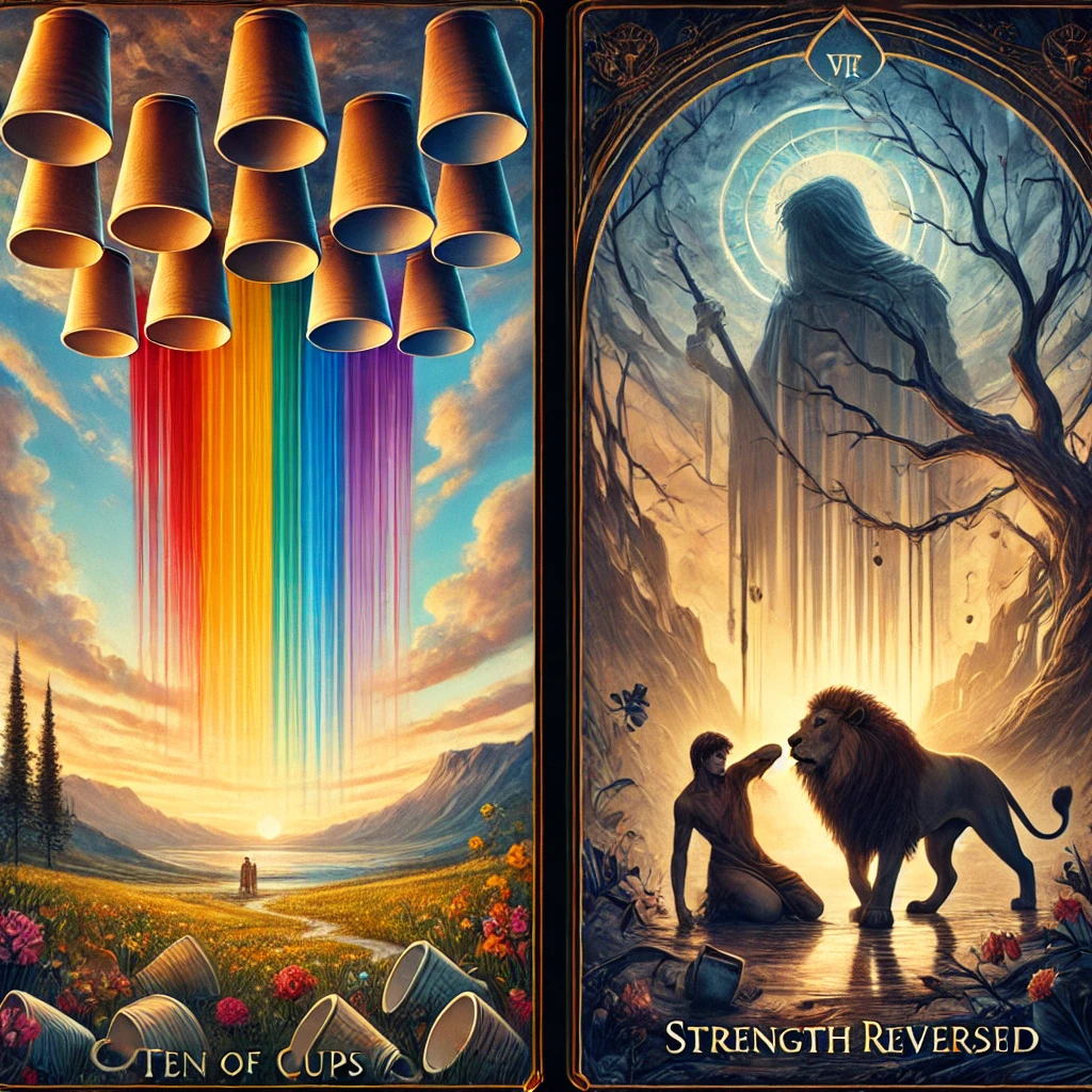 Ten of Cups Reversed and Strength Reversed