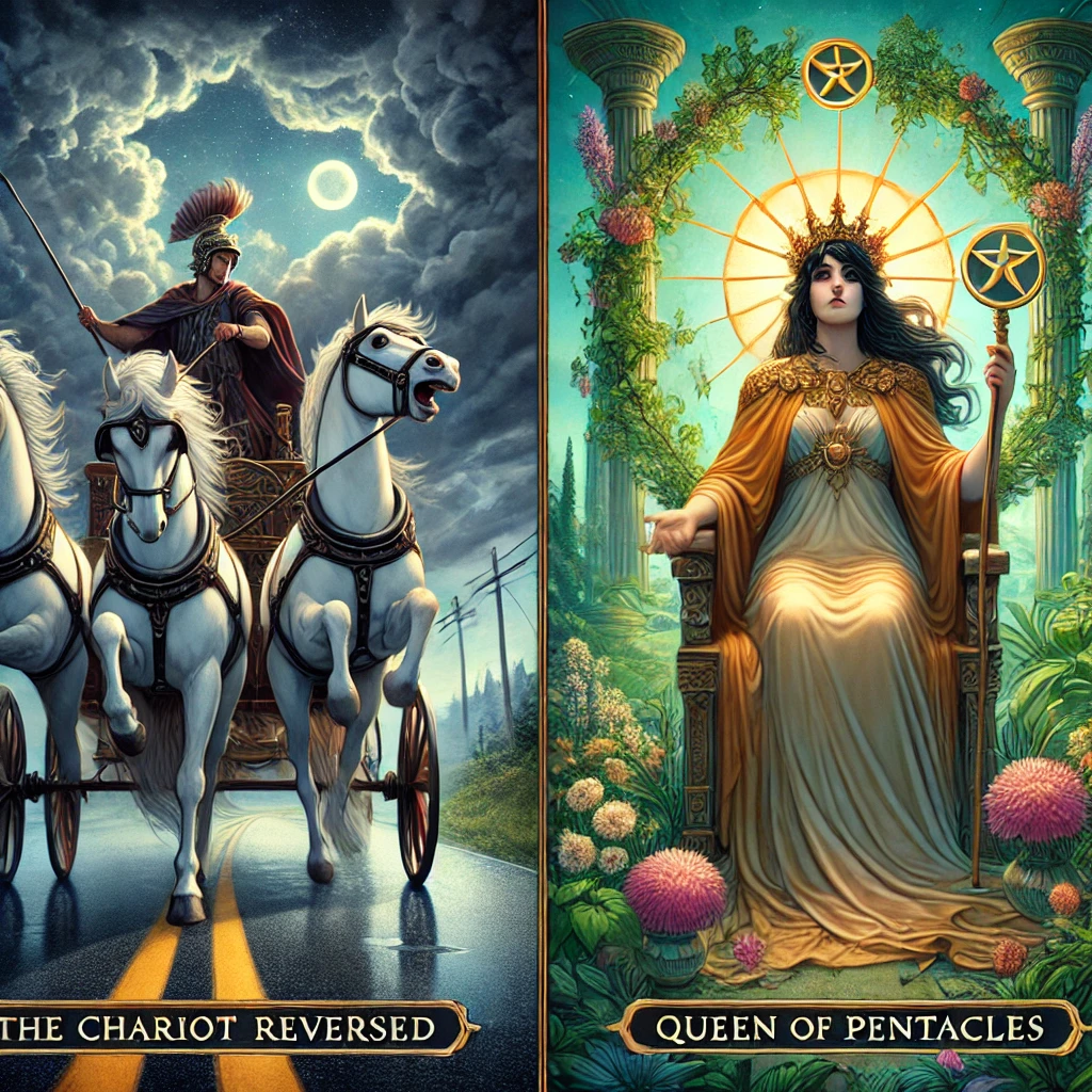 The Chariot Reversed and Queen of Pentacles