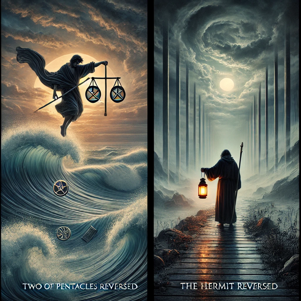 Two of Pentacles Reversed and The Hermit Reversed
