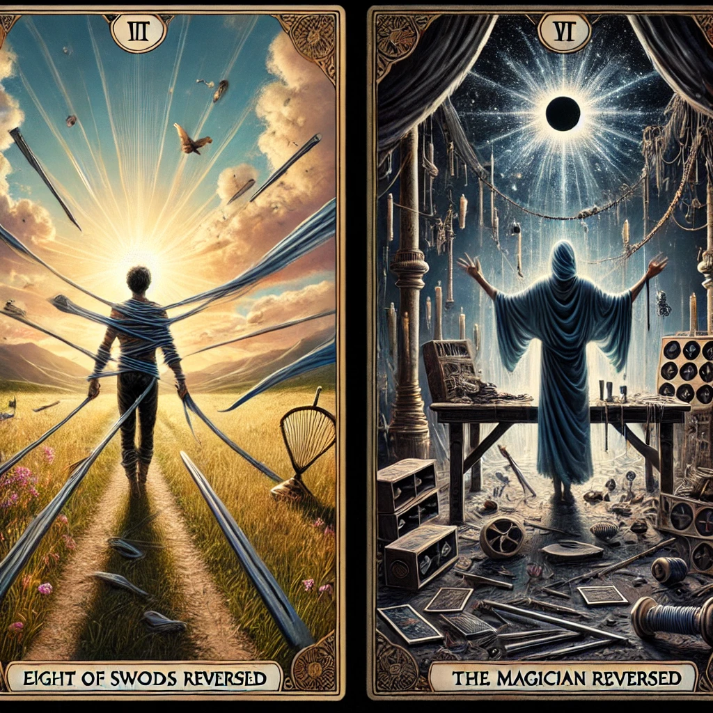 eight of swords reversed and the magician reversed