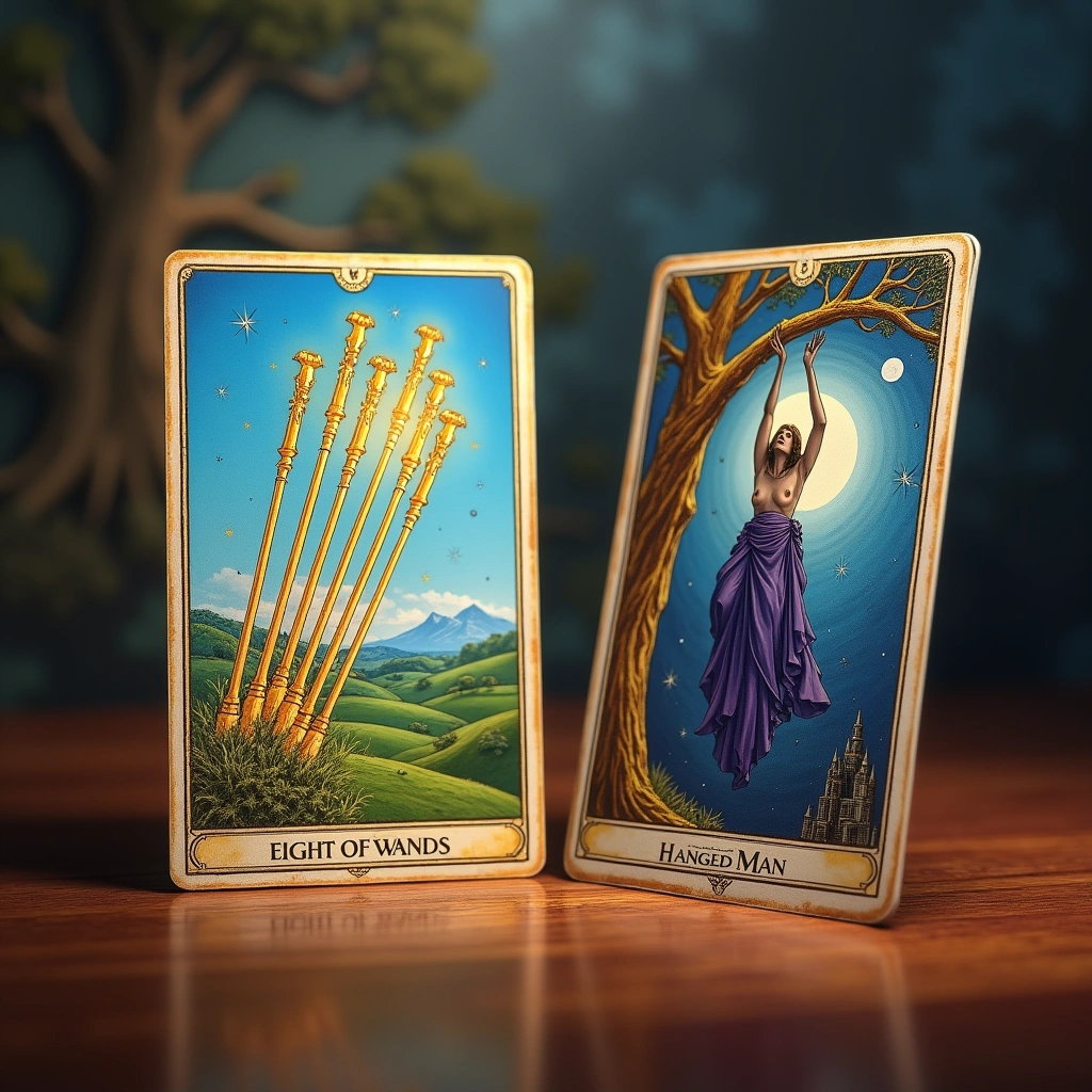 eight of wands and the hanged man