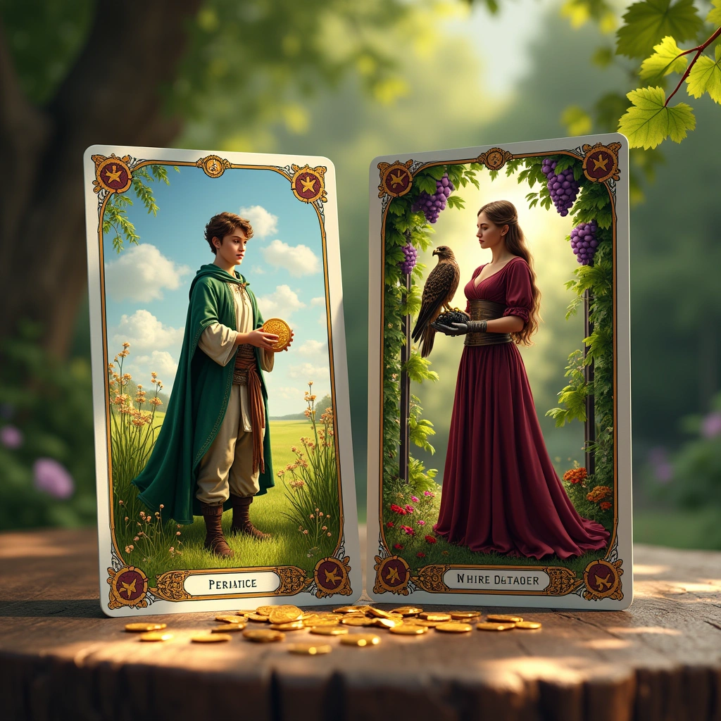 page of pentacles and nine of pentacles