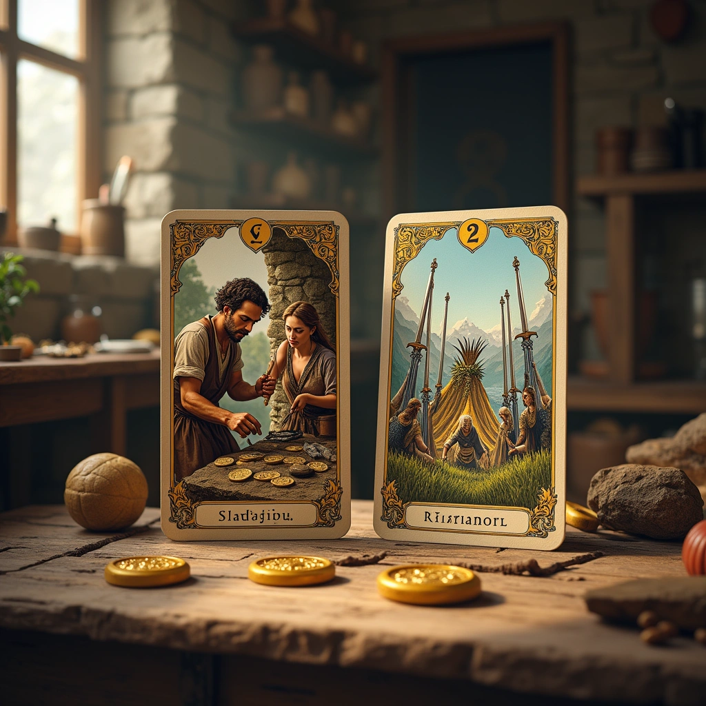 three of pentacles and seven of swords