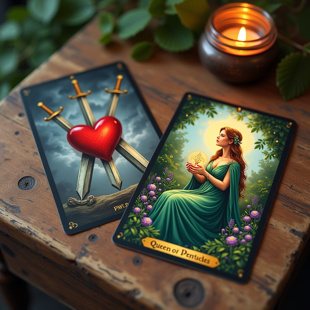 three of swords and queen of pentacles